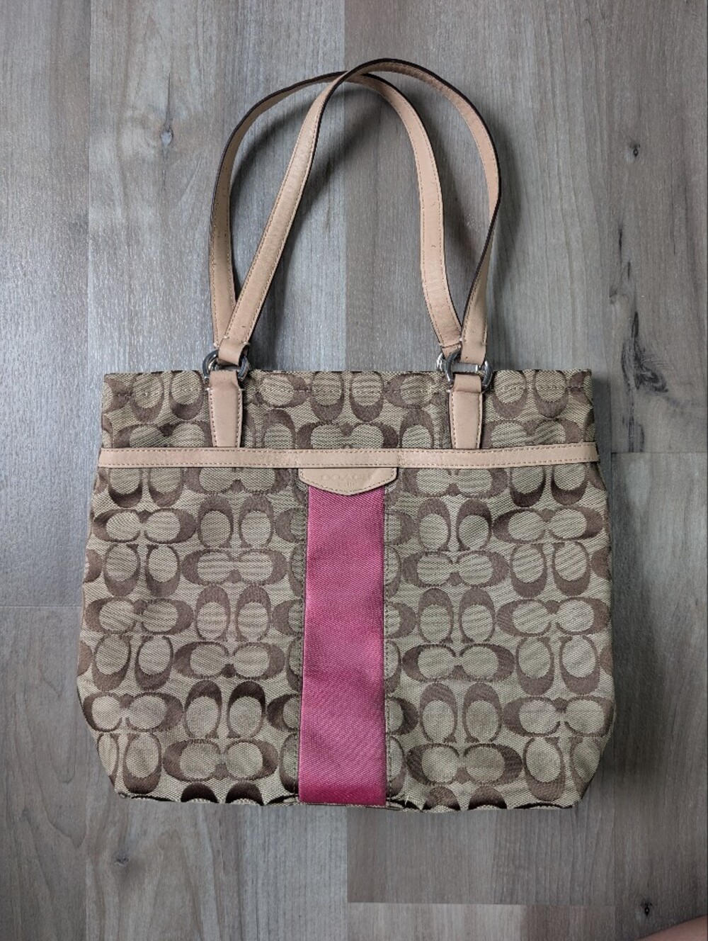 Coach Beige Signature Stripe Canvas Tote with Pink Stripe (D1)
